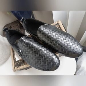 Fashion Black Textured Checkered Vegan Leather Men's Slip-On Shoes, size 10